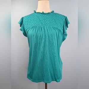 LOFT Outlet Green Teal Floral Lace Eyelet Ruffle Short Sleeve Top Large